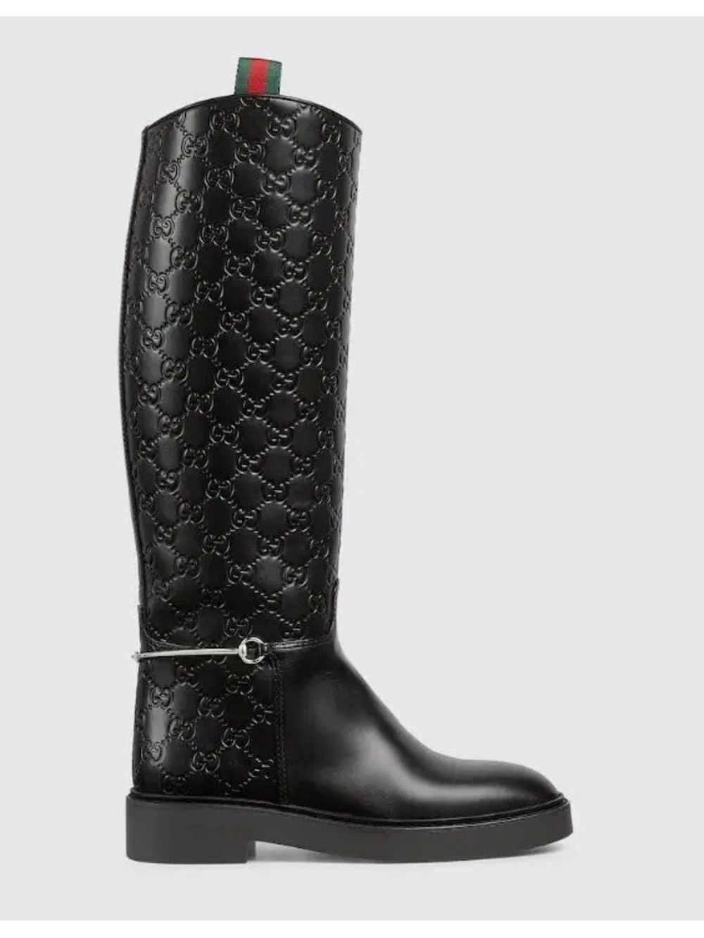 Gucci Black Embossed Leather Over-The-Knee Boots with Green-Red Pull Tabs - Picture 4 of 5
